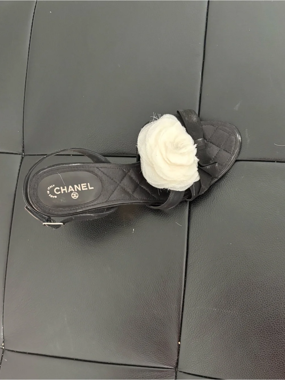 CHANEL Black Slingback Sandal with Cream Camellia